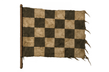 Old checkered flag waving, representing racing finish line, victory, success, and historical competition against transparent background