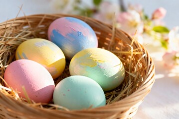 Colorful painted Easter eggs in straw basket, perfect for Easter visuals, spring celebration content, seasonal marketing and family-friendly designs.