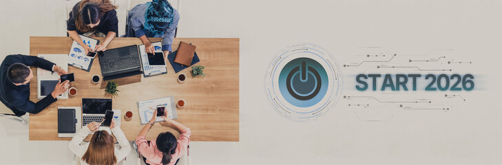 Start 2025 concept with futuristic power button symbolizing fresh beginnings, innovation, and...