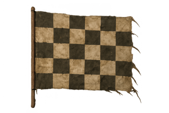 Old checkered flag waving, representing racing finish line, victory, success, and historical competition against transparent background - Powered by Adobe