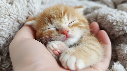 A kitten is sleeping in a person's hand