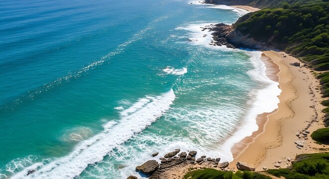 Spectacular aerial drone view of a secluded beach and turquoise ocean waves.