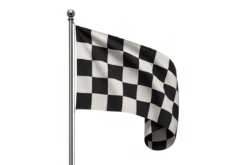 Checkered flag waving on a pole, symbolizing victory, finish line, racing, competition, and reaching a goal, transparent background