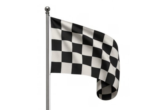 Checkered flag waving on a pole, symbolizing victory, finish line, racing, competition, and reaching a goal, transparent background
