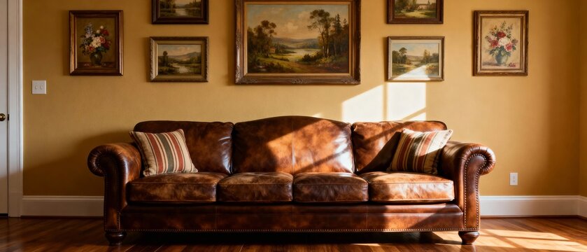 A brown leather sofa in a warmly lit living room with framed paintings on the wall - Powered by Adobe
