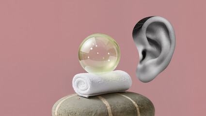 Conceptual minimal composition with glass sphere, stone and floating ear, symbolic balance and mindfulness, suitable for wellness branding and sensory art.