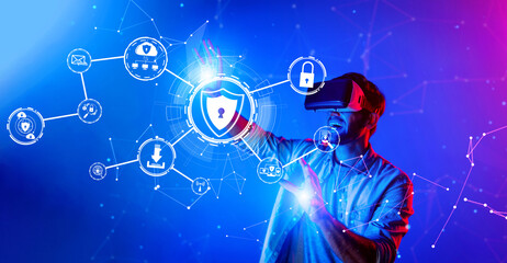 Explore the intersection of cybersecurity and virtual reality, showcasing a user interacting with digital security elements that highlight data protection and online safety. XDMCP
