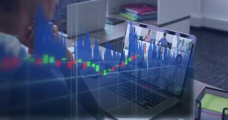 Woman joining remote meeting, watching laptop, monitoring animated financial charts shifting right - Powered by Adobe