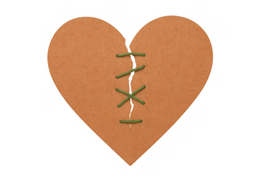 Felt heart mending a broken relationship or emotional pain with green stitches, symbolizing healing and recovery on transparent background - Powered by Adobe