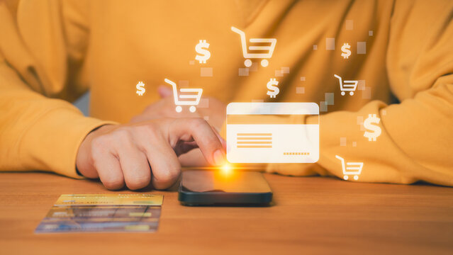 Mobile payment and online shopping concept, person using a smartphone with credit card icon, shopping cart, and dollar symbol, representing digital purchases, e-commerce, and cashless transactions.