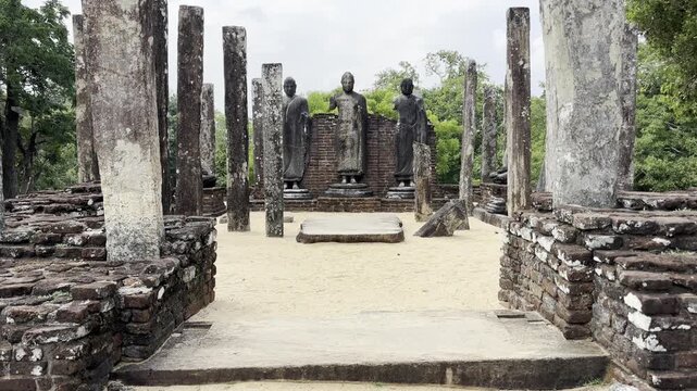 Ruins of three statue image house at Medirigiriya Vatadage in Polonnaruwa Sri Lanka
