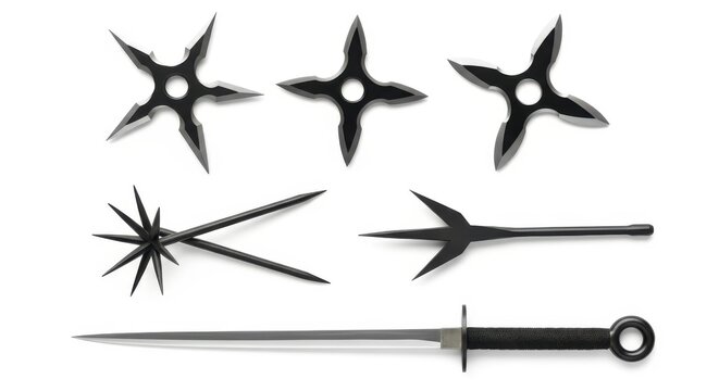 Ninja Weapons Set. Collection of Shuriken, Throwing Stars, Kunai, and Dart on White Background. Martial Arts and Assassins Concept.