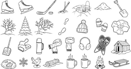 Hand-drawn Winter Collection: Doodle Icons and Objects for Cold Season Activities, Sports, and Apparel. A Set of Sketchy Illustrations.