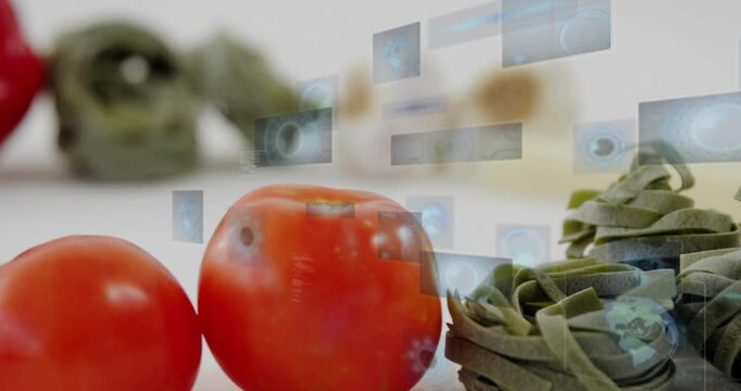 Panels appearing, drifting left over tomatoes, pasta; camera panning right, forming UI tiles