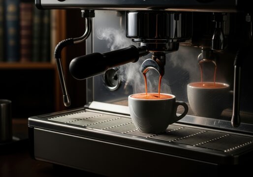 Fresh espresso streams into a white ceramic cup atop a professional beverage preparation appliance
