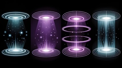 Abstract glowing neon lights create a dark space backdrop with a purple and blue wave pattern and shiny glass circles