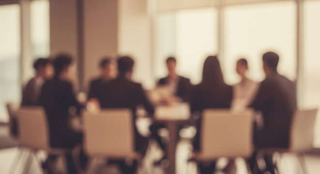 Blurred business meeting in a modern office setting. A group of business people are gathered around a table in a bright, modern office setting, discussing ideas - Powered by Adobe