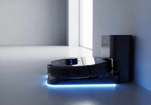Robotic floor cleaning appliance rests upon its illuminated charging base indoors