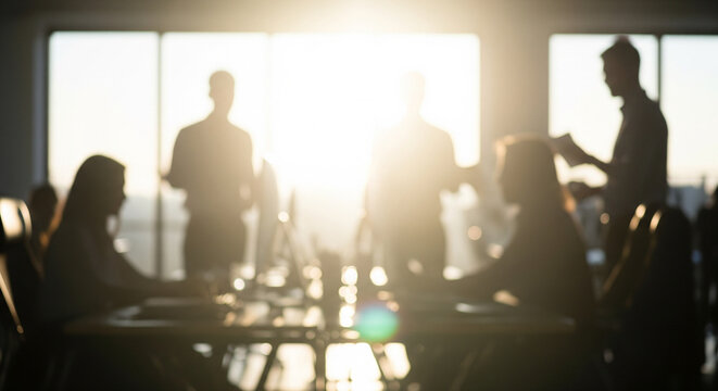 Business team meeting in modern office with bright sunlight. Silhouetted figures collaborate in a bright office setting, bathed in warm sunlight during a productive meeting