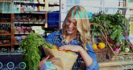 Woman grocery clerk taking bag from buyer, checking produce, with HUD charts over hands and produce - Powered by Adobe