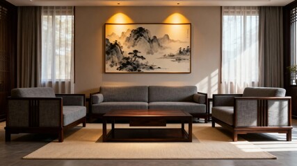 Fototapeta premium Modern living room with minimalist furniture and traditional artwork