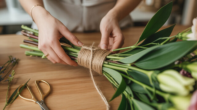 Floristenh&auml;nde binden frischen Blumenstrau&szlig; mit Juteschnur