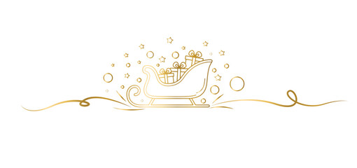 Elegant golden outline illustration of a festive sleigh carrying numerous gift boxes, evoking the magic and joy of holiday season celebrations and gift-giving traditions