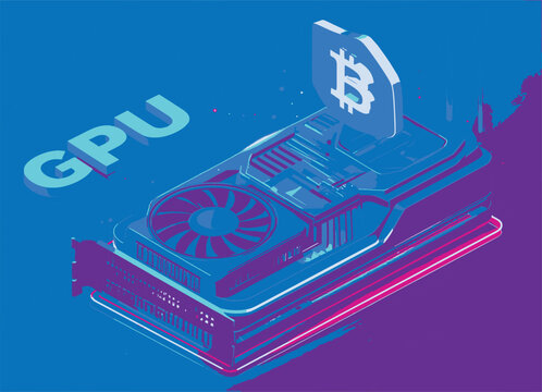 Isometric graphic processing unit with Bitcoin symbol and GPU text graphics card
