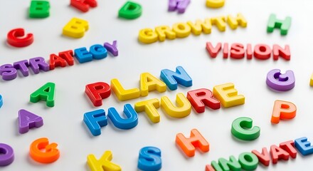 Fototapeta premium Colorful Fridge Magnets Spelling Business Terms: Strategy, Plan, Vision, Future