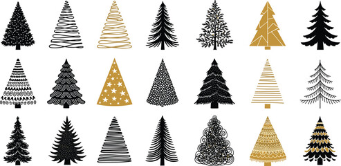 Fototapeta premium Collection of twenty-one stylized Christmas tree icons in black and gold, a diverse set of graphic winter holiday symbols for festive design projects