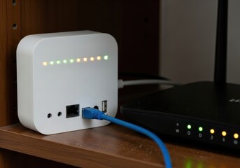 Network devices display operational status indicators with illuminated lights on wooden shelving