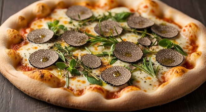 Delicious truffle pizza served on wooden table for gourmet dining experience