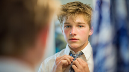 Teenage Boy Fixing Tie Before School Dance