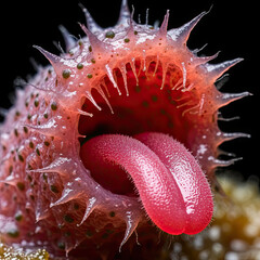 A hairy primitive pink creature with an open mouth. A fantastic image.