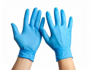 Obraz premium A pair of hands wearing light blue medical gloves, showcasing cleanliness and protection