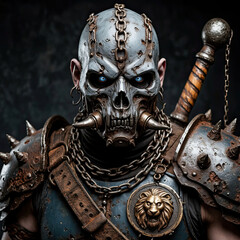 The hero of the gameshooter. An undead warrior in combat gear and with a weapon. Portrait of a monster.