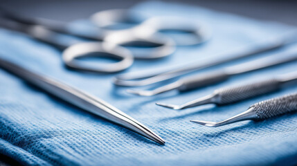 Scalpel and Surgical Instruments on Blue Cloth