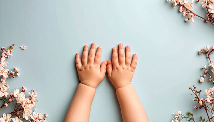 Baby's hands resting on a pastel blue surface, embraced by delicate cherry blossoms, showcasing the purity of spring.