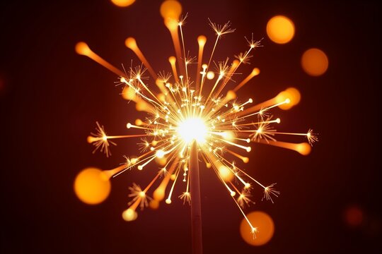 Golden sparkler bursts against dark backdrop, glowing sparks radiate outward in festive celebration light.