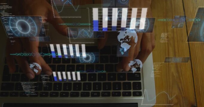 Hands starting typing, HUD overlays appearing and growing over laptop keyboard to visualize data