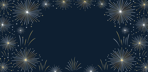 A celebratory border of stylized gold and white fireworks bursting against a dark blue night sky, an ideal background for festive events