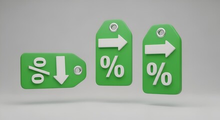 Green Tags with Percentage Signs and Arrows Illustrating Price Changes or Promotion