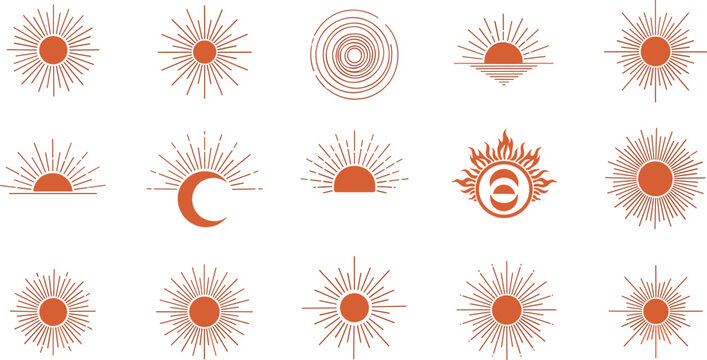 Mystical celestial symbols featuring minimalist sunbursts, sunrise, and moon icons for bohemian logo design and spiritual branding