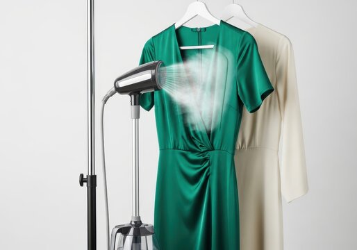 Garment steamer is used to refresh a silky emerald dress hanging beside another garment