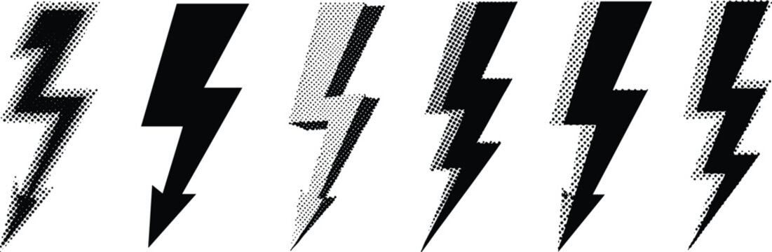 A dynamic set of six distinct black and white lightning bolt icons, illustrating concepts of energy, power, and electricity