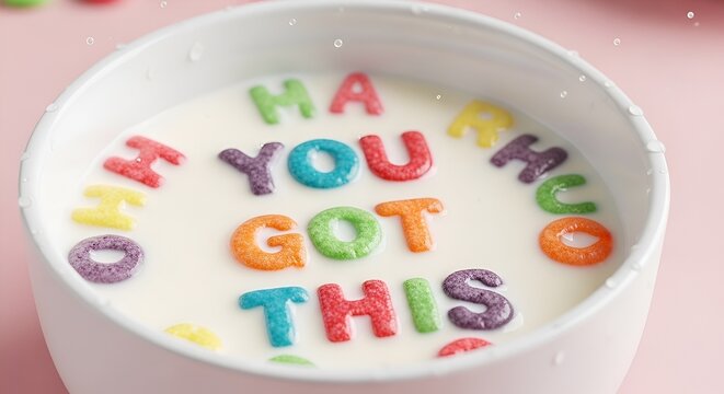 Inspirational breakfast message: colorful cereal letters in milk saying you got this