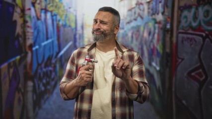 Man holding a faucet nozzle and wincing while pointing finger in a graffiti covered street alley, forearm and hand gripping metal; frustration resilience. - Powered by Adobe