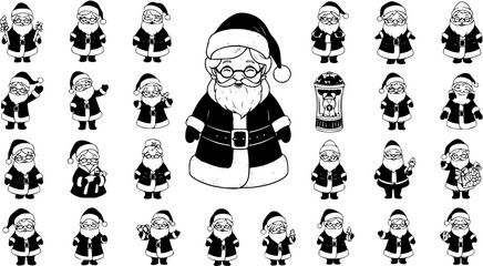 Cute Cartoon Santa Claus Characters Collection - Black and White Hand-Drawn Christmas Icons Set with Various Poses and Expressions