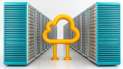 Yellow Cloud Icon Between Rows of Blue Data Servers