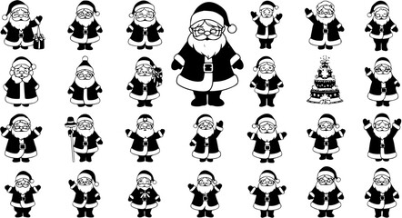 Christmas Santa Claus Icons Collection - Black  White Line Art Silhouettes in Various Poses and a Festive Tree